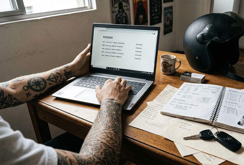 Mesa de trabalho com notebook e anotações sobre os primeiros planos da loja
